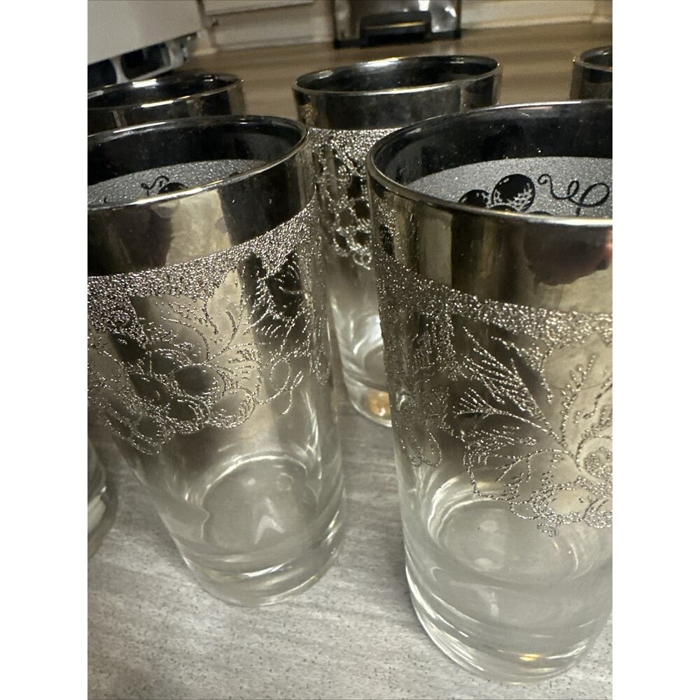 MCM 8pc Set Vitreon Queens Lusterware Silver Fade Grape Highball Glasses - Picture 4 of 7
